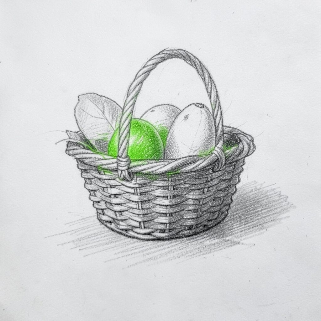 Pencil sketch of a small gift basket with patterned cellophane, a soft satin bow and a hanging kraft tag, drawn in pale greens and warm beige tones
