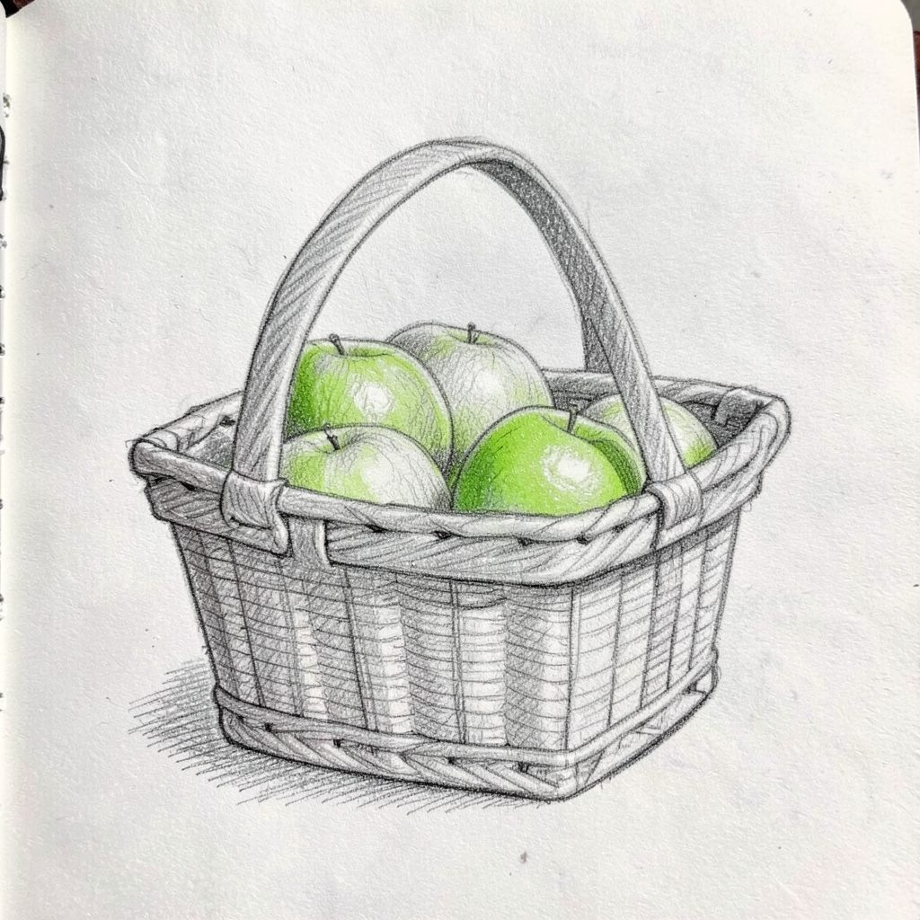 Graphite pencil sketch of a gift bag with handles, tied with a bow, rendered in light gray shading with a warm, gentle mood