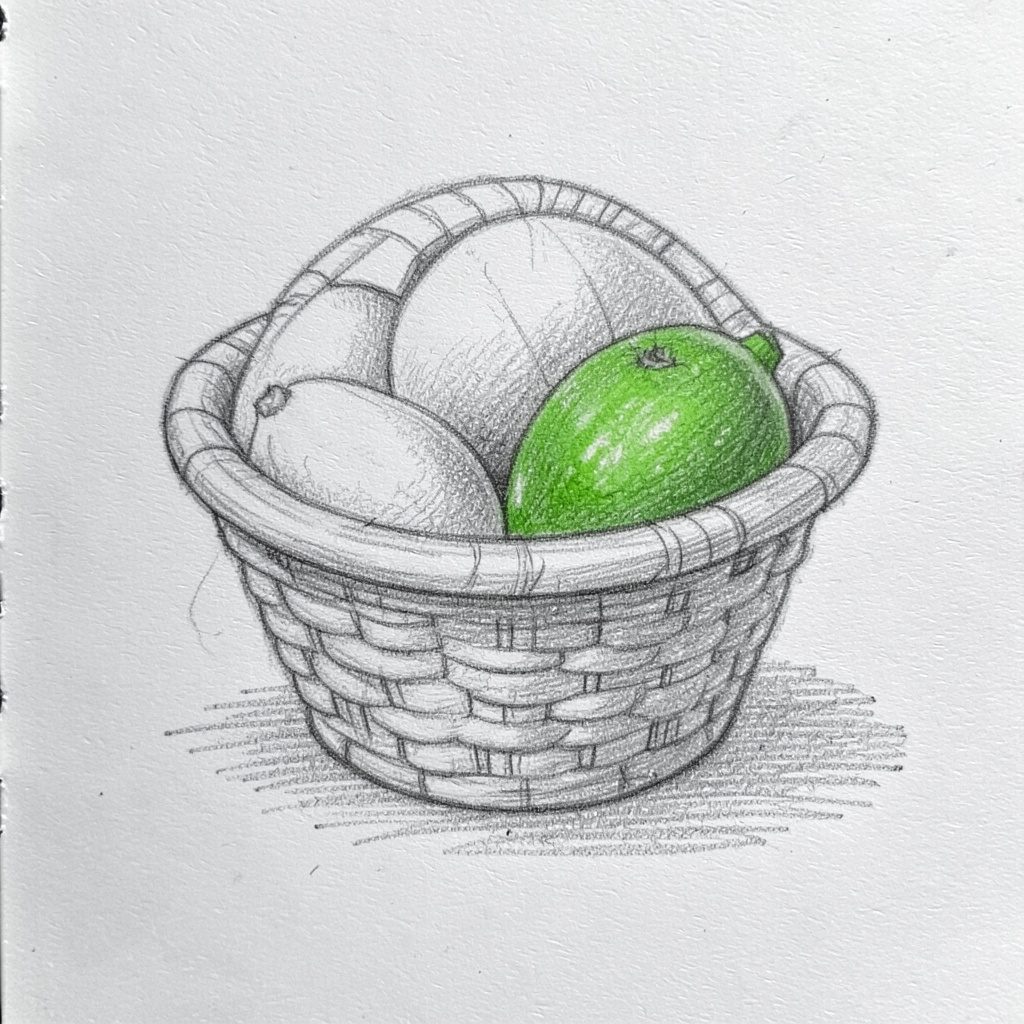 Graphite pencil sketch of a harvest themed gift basket with seasonal accents, warm pencil grey and soft amber tones