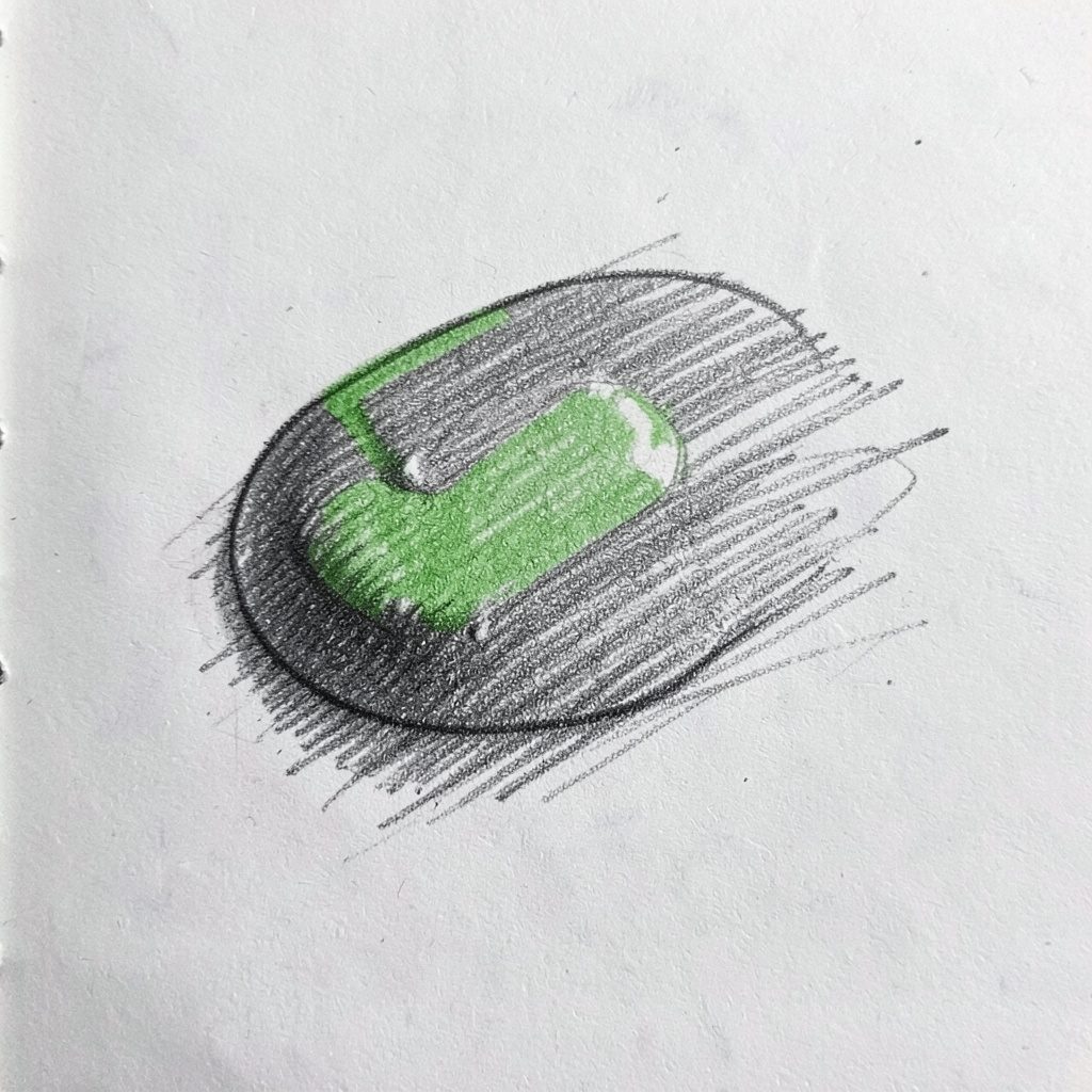Soft graphite pencil sketch of a rounded woven basket on a neutral tabletop, with loose folds of ribbon resting beside it in muted grey and pale green tones.