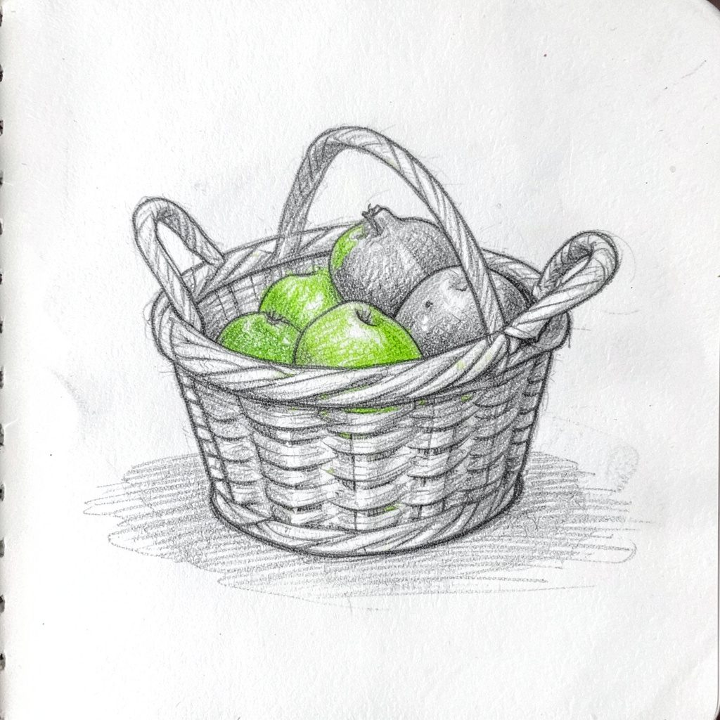 Graphite pencil sketch of a woven gift basket filled with an assortment of wrapped items, drawn in soft gray tones with a cozy, homemade feel