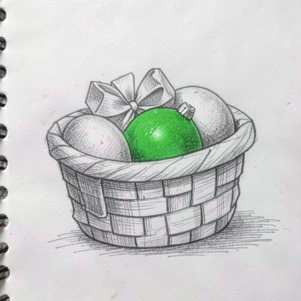 Soft graphite pencil sketch of a wrapped gift basket on a quiet table, with curling ribbons and a small handwritten tag, in muted greens and warm greys